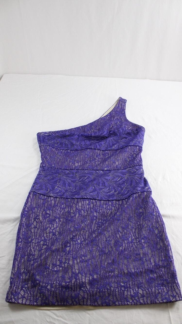 bebe Women S One Shoulder Blouse Nylon Rayon Purple Lace Stretch Lined Y2K Party